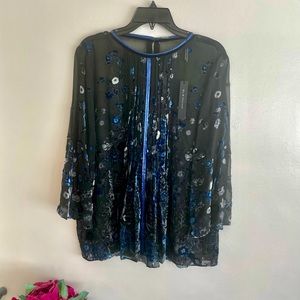 Elie Tahari blouse.  Black,sheer. blue, white and grey, floral design. Size XL